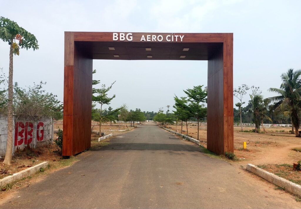 Aero City plotted development project entrance arch in Bhogapuram, Vizag