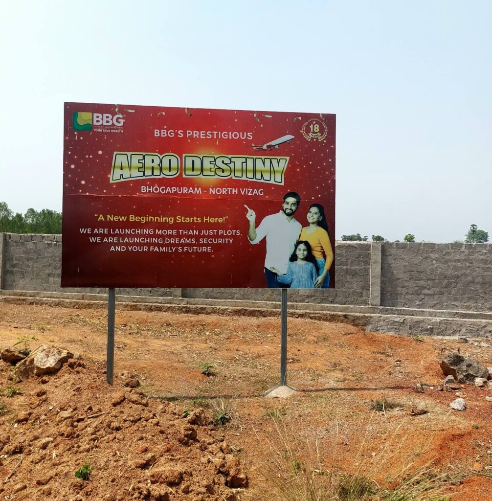 Aero Destiny Bhogapuram project entrance board at the plotted development site in North Vizag