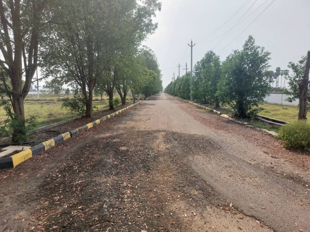 VMRDA approved plots near Bhogapuram Airport with tree-lined internal road