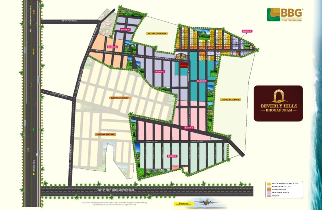 BBG Beverly Hills Bhogapuram layout plan showing plot layout, internal roads, amenities, and VMRDA-approved residential & villa plots near Bhogapuram Airport.