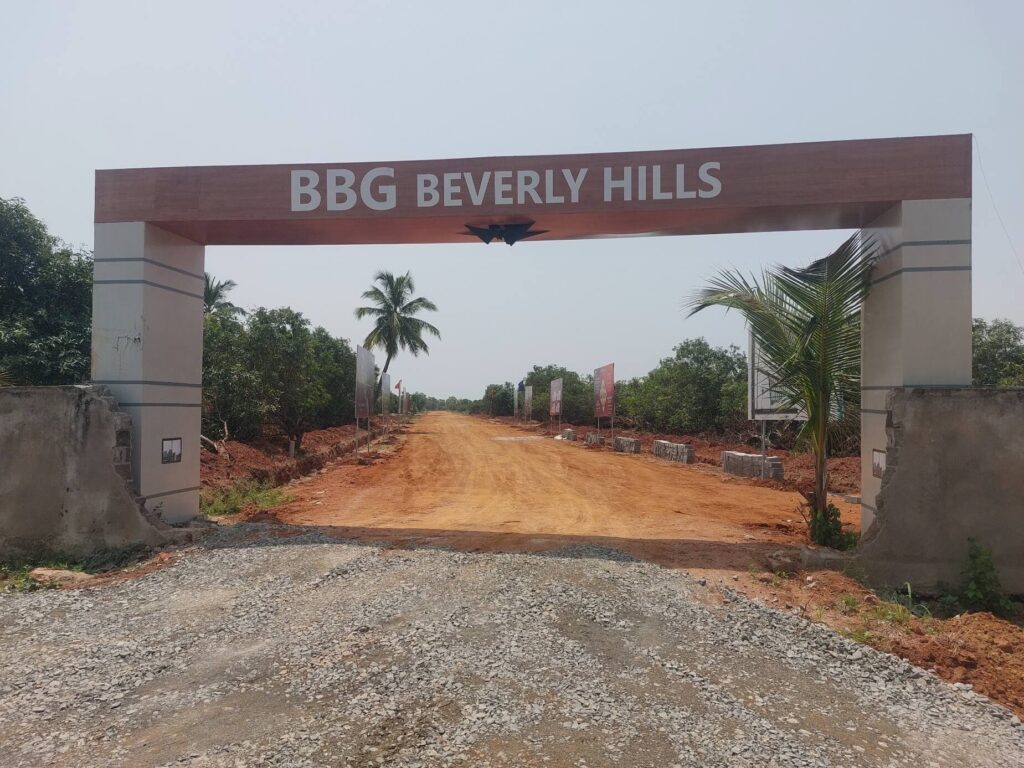 Entrance of BBG Beverly Hills, a premium VMRDA-approved gated community with villa plots and clubhouse near Bhogapuram International Airport