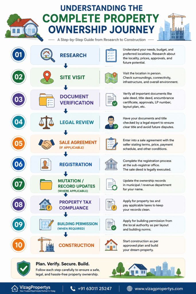 Complete property ownership journey from research and site visit to registration and construction
