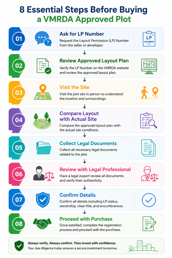 8 essential steps before buying a VMRDA Approved Plot, including LP Number verification, layout plan review, site visit, legal document verification, and purchase