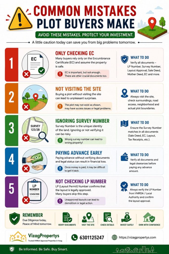 Infographic showing the most common mistakes plot buyers make, including checking only the Encumbrance Certificate (EC), skipping a site visit, ignoring the Survey Number, paying an advance too early, and not verifying the LP Number before buying a plot in Andhra Pradesh.