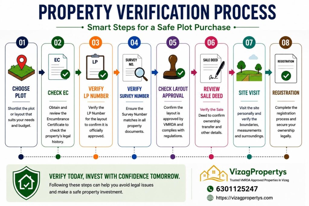 Property verification process flowchart showing the steps to verify an Encumbrance Certificate (EC), LP Number, Survey Number, layout approval, Sale Deed, site visit, and registration before buying VMRDA Approved Plots in Vizag.