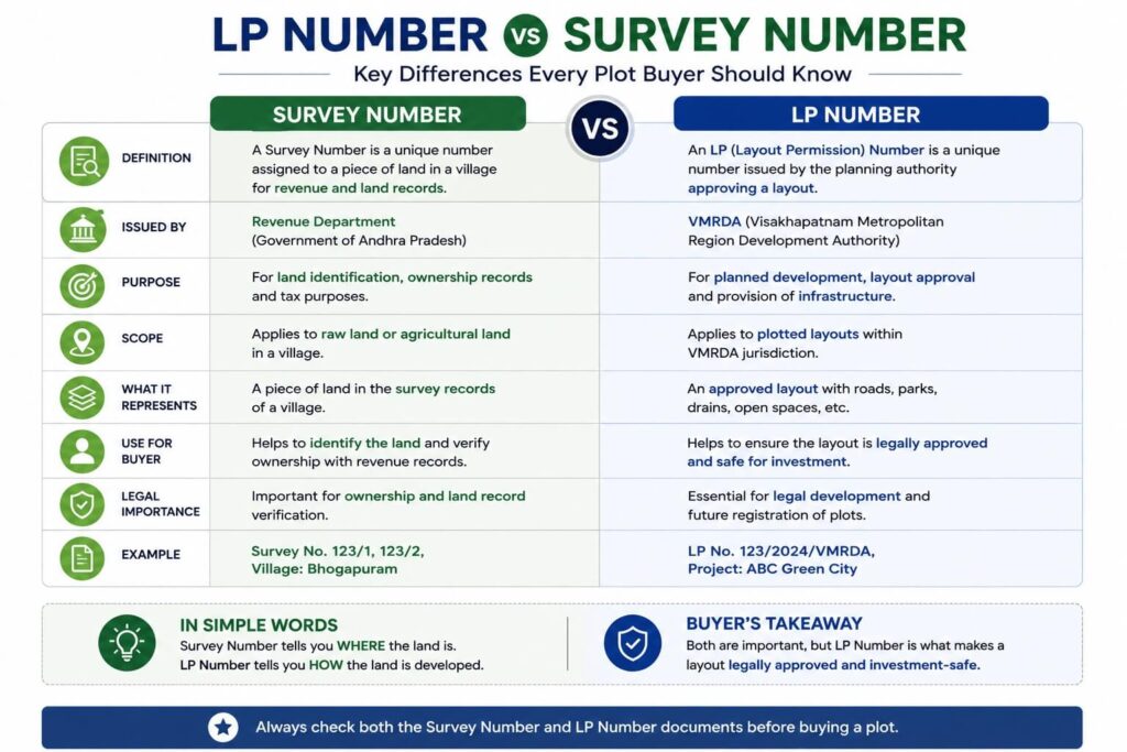 Comparison infographic explaining the difference between an LP Number and a Survey Number for VMRDA approved plots