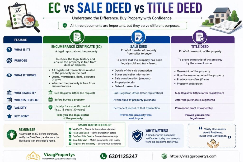 Comparison infographic explaining the differences between an Encumbrance Certificate (EC), Sale Deed, and Title Deed for plot buyers, including their purpose, contents, issuing authority, usage, and importance before buying property in Andhra Pradesh.